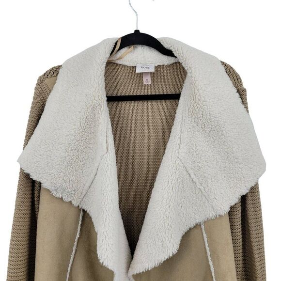 Boho Cardigan M Tan Sherpa Faux Suede Open Waterfall Large Collar Country Vegan - Picture 4 of 9